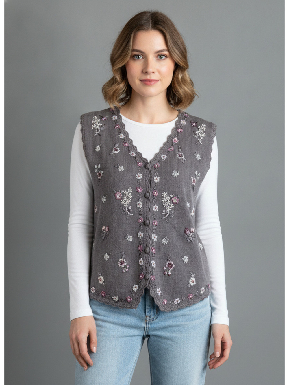 Vintage Segue Sweater Vest Medium Grey Floral Embroidered Fairycore